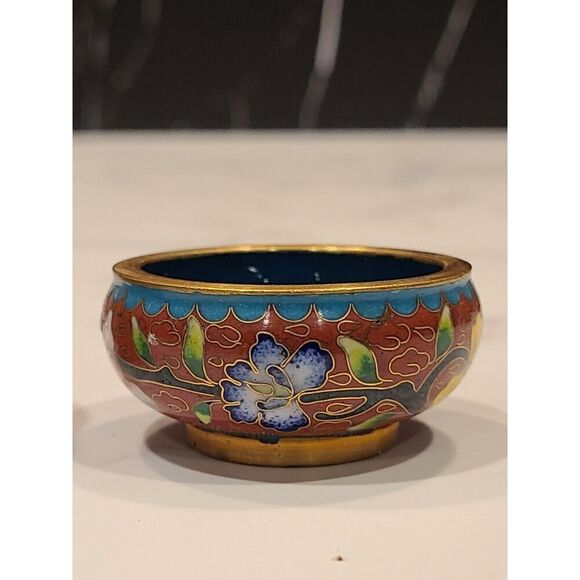 Cloisonné Open Salt Bowl Cellar Pepper Shaker Flower Red Enamel Brass Stacking - Picture 6 of 8